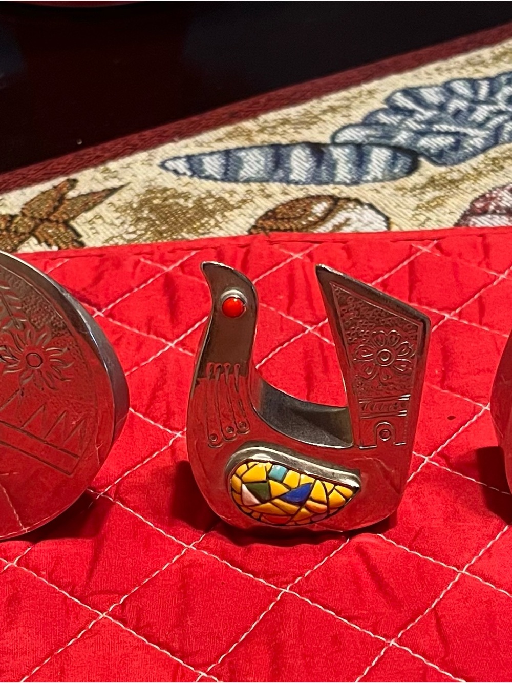 Handcrafted Silver-Tone Bird Ring Holder with Yellow Enamel Accent